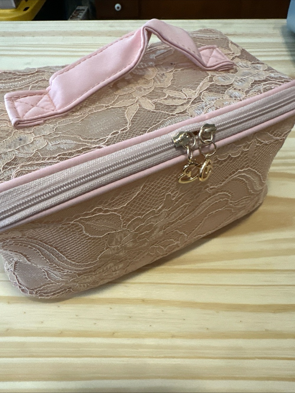Pink Lace Travel Cosmetic Case with Top Handle